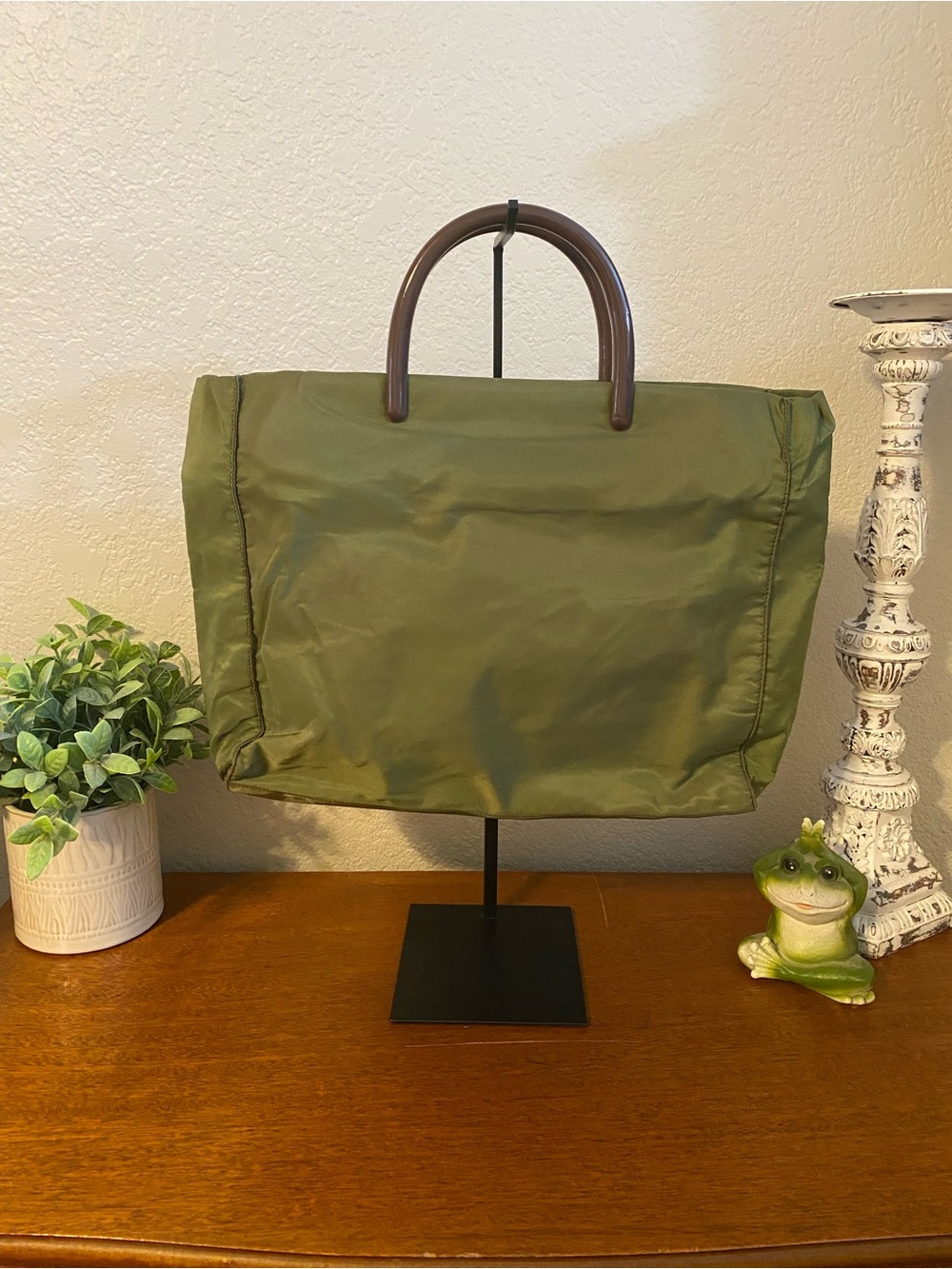 Prada Olive Green Nylon Tote with Brown handles and Black Interior